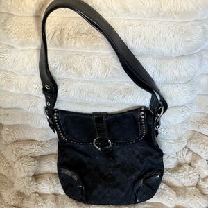 COACH F12852 Crossbody Bag Black Metallic Signature C Studded Flap Saddle Bag
